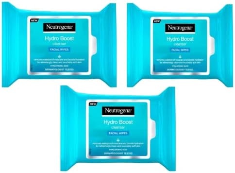 Neutrogena HydroBoost Facial Cleansing & Makeup Remover Wipes with Hyaluronic Acid, Hydrating Pre-Moistened Face Towelettes to Cleanse & Remove Dirt, Makeup & Impurities, 25 count,(pack of 3)