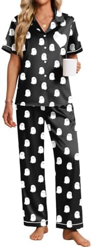 Ekouaer Women Silk Pajama Set Button Down Sleepwear Black Halloween Ghost M