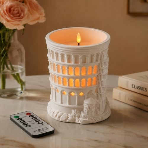 LOHAS Flameless Candle with Remote, Battery Operated LED Candle with Flickering 3D Flame, Pisa Tower Inspired Decorative Pillar Candle, Dimmable Timer Candle Light for Bedroom Table Shelf Decor