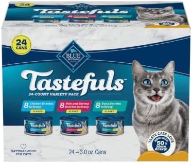 Blue Buffalo Tastefuls Flaked Adult Wet Cat Food Variety Pack (Tuna, Chicken, Fish & Shrimp), Natural Ingredients Enhanced with Vitamins, Minerals & Other Nutrients, 3-oz. Each (24 Cans)