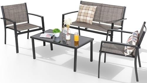 Shintenchi 4 Pieces Patio Furniture Set All Weather Textile Fabric Outdoor Conversation Set, with Glass Coffee Table, Loveseat, 2 Single Chairs for Home, Garden, Lawn, Porch(Light Brown)