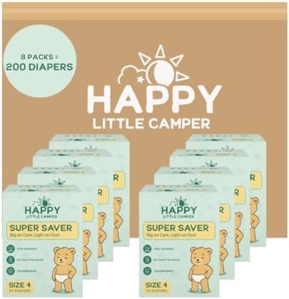 Happy Little Camper Super Saver Diapers, Size 4, 200 Count | Budget-Friendly Disposable Diapers for Sensitive Skin | Hypoallergenic, Fragrance-Free, Ultra Absorbent