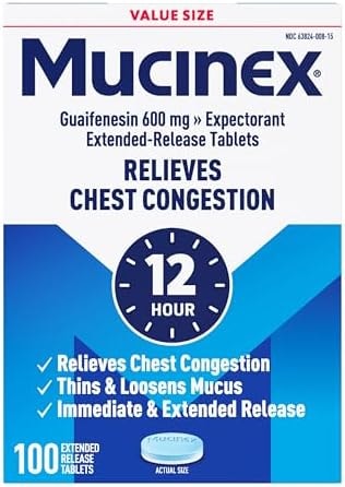 Mucinex 12 Hour 600 mg Guaifenesin Extended-Release Tablets for Excess Mucus Relief, Expectorant Aids Excess Mucus Removal, Chest Congestion Relief, 100 Bi-Layer Tablets