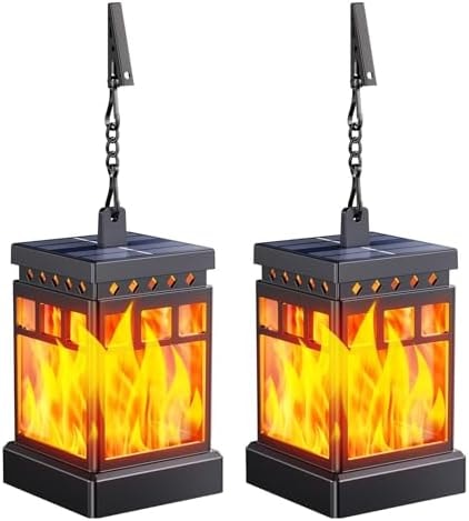 KOOPER Hanging Solar Lanterns Outdoor Waterproof, 2PCS Flickering Flame Hanging Solar Lights for Outside, Outdoor Solar Lanterns up to 12 Hours, Lanterns Decorative for Patio Porch Yard Garden Decor