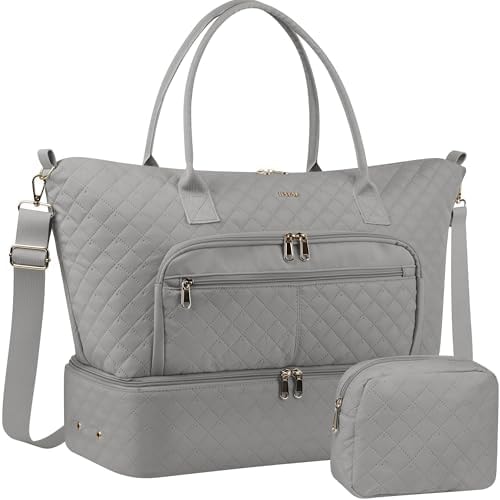 HOTOR Travel Duffle Bag for Women - Carry on Bag with Toiletry Pouch & Shoe Compartment, Large Overnight Weekender Bags for Gym, Business Trips, Sports and Hospital, Gray, 17.3" x 7.9" x 13.4"