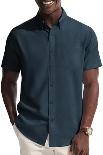 PJ PAUL JONES Mens Button Down Shirts Short Sleeve Casual Shirt Beach Summer Wedding Shirt Denim Blue L