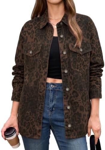 luvamia Leopard Jean Jacket Women Cheetah Print Denim Shacket Jackets Small