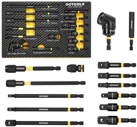 14PC Impact Socket Adapter Set, 1/4" 3/8" 1/2" Square Drive Converter, Quick Release Magnetic Drill Bit Extension Rod, 360° Swivel Universal Joint & 105° Right Angle Drill Attachment
