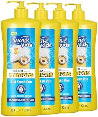 Suave Kids Minions 3-In-1 Shampoo, Conditioner, and Body Wash, For Tear-Free and Gentle Cleansing, 28 oz(Pack of 4)