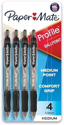 Paper Mate Profile Ballpoint Pen, Retractable, Medium 1 Mm, Black Ink, Translucent Black Barrel, 4/pack