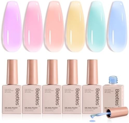 Beetles Pastel Gel Nail Polish Set - 6 Colors Spring Jelly Gel Polish Kit Pink Blue Purple Orange Yellow Green Sheer Translucent Effect Soak Off UV Macaron Dream Nail Art DIY Gift for Women
