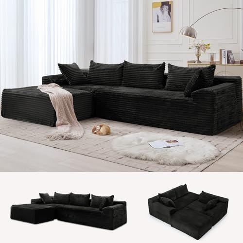 Korser 110" Boneless Modular Sectional Sofa with Chaise, L-Shaped Comfy Corduroy Fluffy Couch with Deep Seat and Side Pockets, Flexible Module Combination for Living Room, No Assembly, Side Pockets