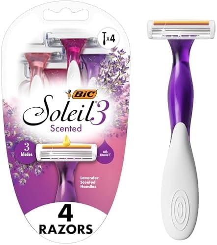 BIC Soleil 3 Scented Women's Disposable 3-Blade Razors, Moisture Strip with Vitamin E and Lavender Scented Handles, 4-Pack