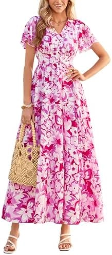 PRETTYGARDEN Women Summer Maxi Dresses 2026 Short Sleeve V Neck Button Floral Tiered Flowy Boho Sundress Beach Outfits(Floral White Rose Red,Small)