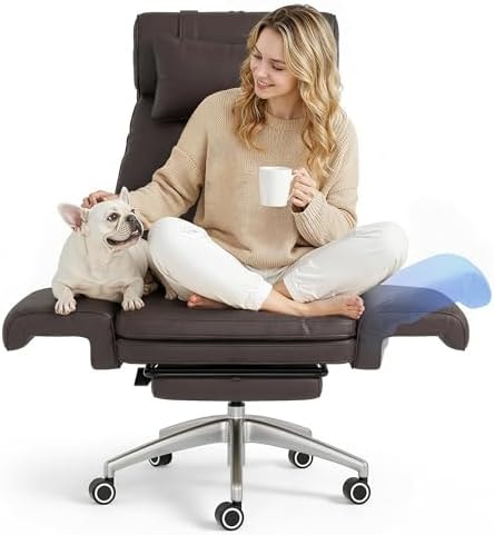 FLEXISPOT Oversized Big and Tall Office Chair, 180° Flip Armrests for Pets&Cross Legged, Computer Desk Chair with Footrest, Lounge Chairs for Home Office Gaming Working, ScratchSafe Air Leather, Brown