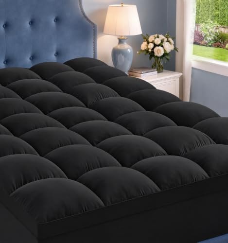 ELEMUSE Queen Black Mattress Topper, Thick Pillow Top Mattress Pad Cover