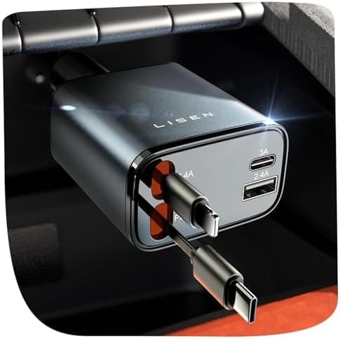 LISEN Retractable Car Charger, 84W Car Charger USB C Fast Charge, Multi Cigarette Lighter Adapter, 4 in 1 Car Accessories Birthday Gifts for Men Women Dad Mom Husband, for iPhone 17 16 15 14 13 12 X