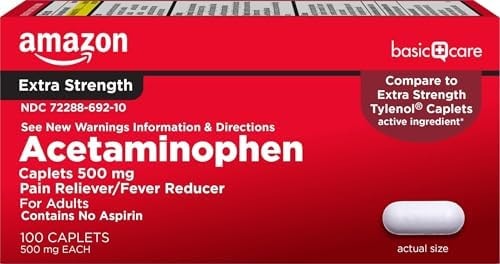 Amazon Basic Care Extra Strength Pain Relief, Acetaminophen Caplets, 500 mg, Pain Reliever/Fever Reducer, 100 Count