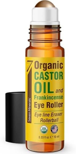 Seven Minerals Organic Castor Oil Roll On Eye Roller for Under Eye Bags, Dark Circles & Wrinkles - Organic Blend of Castor Oil And Frankincense - Brightens, and Revitalizes Skin & Face - 0.33 fl oz