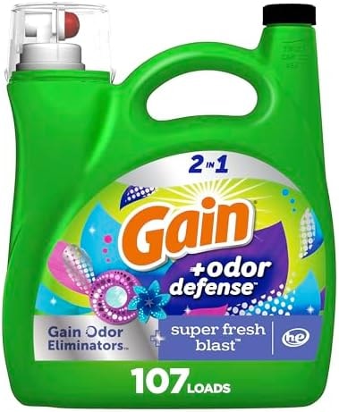 Gain + Odor Defense Liquid Laundry Detergent, Super Fresh Blast Scent, HE Compatible Washing Soap, 144 fl oz, 100 Loads (Packaging May Vary)