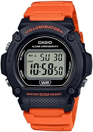 Casio W219H Series | Men’s Digital Watch | Black/Orange | 50M WR | LED Illuminator | 100 SEC Chronograph | 1/100 SEC Stopwatch | Daily Alarm | Hourly Time Signal | Auto Calendar | 7 Year Battery