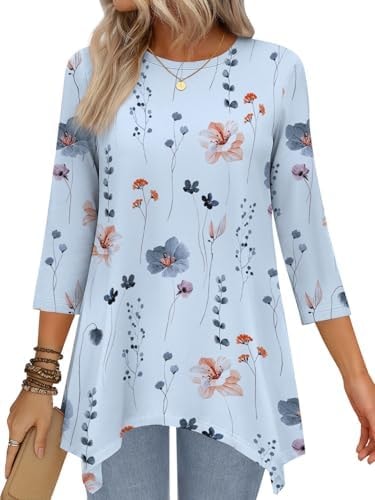 JUSTFASHIONNOW Plus Size Spring Clothes for Women Flowy Fall Tops Womens Floral Tunic Tops 3/4 Sleeve Maternity Clothes Work Shirts(Sky Blue,Large