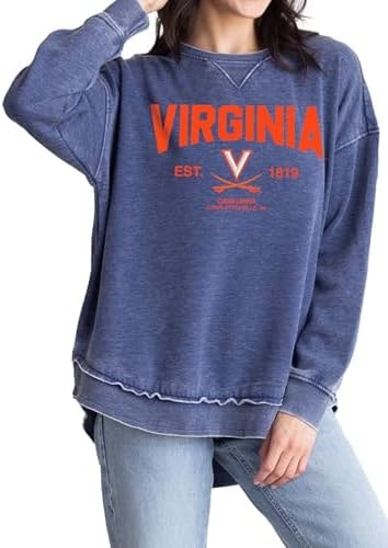 chicka-d Women's Burnout Hi-Lo Campus Crewneck Fleece Sweatshirt NCAA Arch Over Icon Team Color, Virginia Cavaliers, Ink, Large
