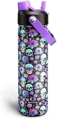 ENCOOL Insulated Water Bottle with Straw Stainless Steel Water Bottle, Leak-Proof, BPA-Free, Double Wall Vacuum Keeps Cold for 24 Hours for Sports, Travel, School (26 oz, Floral Afterlife)