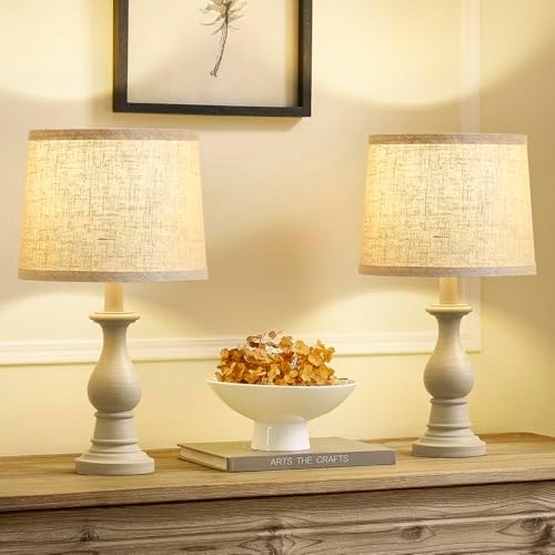 Hikczc Vintage Table Lamp for Living Room Bedroom, 18.5" Farmhouse Bedside Lamps Nightstand Lamp Set of 2, Table Lamps with Oatmeal Linen Lamp Shades, 2 LED Bulbs Included