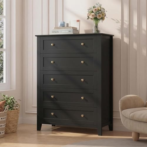 GarveeHome 5 Drawer Dresser for Bedroom, Black Dresser with Deep Drawers & Metal Knobs, Tall Modern Wooden Chests of Drawers for Entryway, Hallway