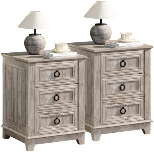Joaxswe Farmhouse Night Stand Set of 2, 18" End Table with 3 Drawer Metal Handle, Dresser for Bedroom, Sofa Bed Side Table Chest of Drawers,Wood Nightstand Cabinet for Organizer, Living Room-Oak
