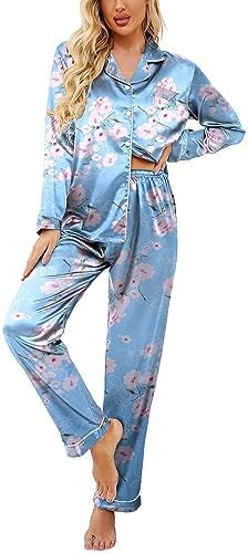 Ekouaer Women's Classic Button Down Long Satin Silk Pajama Set,Small,Blue Floral