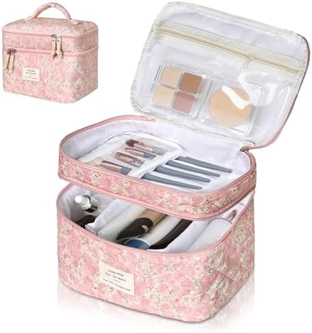 Gosect Makeup Bag, Portable Travel Make up Bag, Large Capacity Quilted Cosmetic Organizer Bag, Cute Floral Toiletry Bag for Women Girls (Pink Floral)