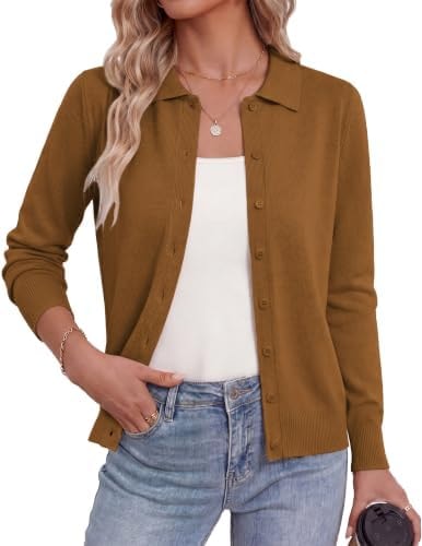 GRACE KARIN Cardigan Sweaters for Women Lapel Collar Cardigans,Caramel,M