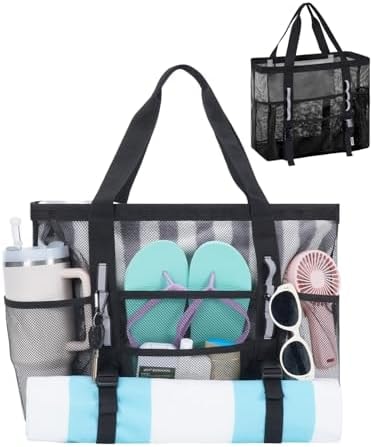 WANDF Mesh Beach Bag for Women, Family Pool Bags for Cruise (Black)