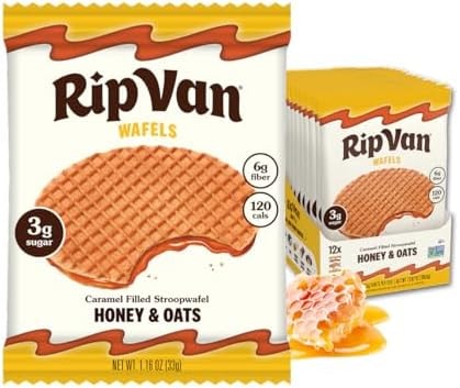Rip Van Wafels Honey and Oats Stroopwafels, Healthy Snacks, Non-GMO, Keto Friendly, Office Snacks, Low Sugar (3g), Low Calorie, 12 Pack