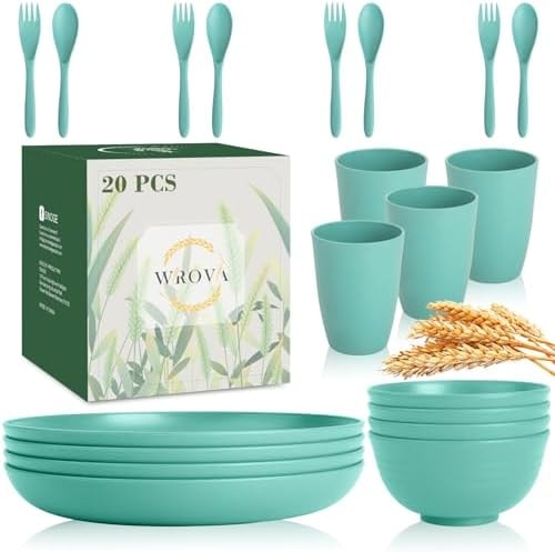 Wrova Wheat Straw Dinnerware Sets of 20,Dishwasher Safe Kitchen Plates and Bowls Sets,Camping Dishes Sets Contains Dinner Plates,Cereal Bowls,Drinking Cups and Flatware.(Green)