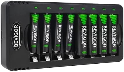 BEVIGOR Rechargeable AA and AAA Batteries with 8 Bay Smart Charger, 4 Pack AA 2800mAh & 4 Pack AAA 1100mAh Low self Discharge NiMH Battery