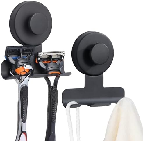 warlve No-Drill Suction Cup Razor and Shaver Holder, Stainless Steel Shower Hook for Towel & Loofah, Damage-Free Reusable Bathroom Wall Organizer 2 Pack Matte Black