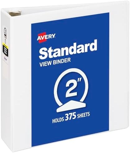 Avery Standard View 3 Ring Binder, 2" Round Rings, 1 White Binder