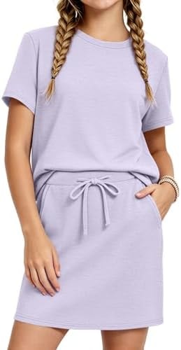 XMWEALTHY Girls Two Piece Outfits Summer Skirt Set Short Sleeve Crew Neck Tops Skorts with Pockets Kids Clothes Athletic Sweatsuit Violet 7-8Y