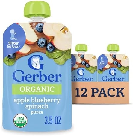 Gerber Stage 2 Baby Food, Organic Apple Blueberry Spinach Puree Pouch, 2 Servings of Fruit & Veggie, No Added Sweetener, No Artificial Colors or Flavors, 12-Pack