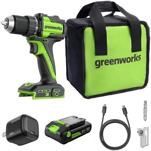 GREENWORKS 24V 1/2" Brushless Cordless Drill (400 In-lbs.), 2.0Ah (12,000mAh Power Bank) USB-C Batteries, 3.3 FT Braided Cable, 30W Charger