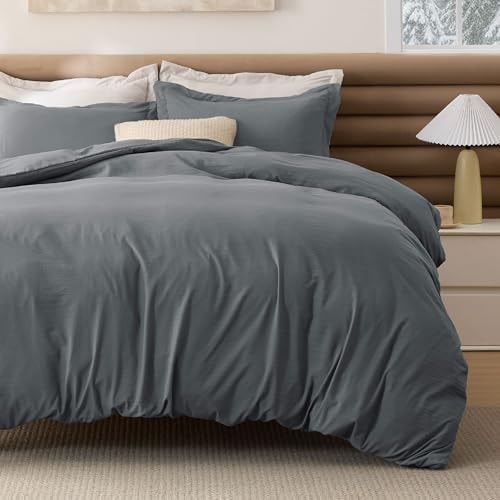 Bedsure Dark Gray Comforter Cover Queen Size, Breathable Mellow Marshmallow Comforter, 4 Pieces Prewashed Soft Bedding Set for All Seasons Use, Includes 1 Duvet Cover, 1 Comforter, 2 Pillow Shams