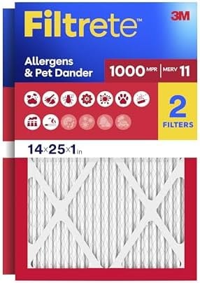 Filtrete 14x25x1 Air Filter, MERV 11, MPR 1000, Allergens & Pet Dander, 3-Month AC and Furnace Filters, Cleaner Air, Reliable Airflow, 2 HVAC Filters (Actual Size 13.68 x 24.68 x 0.81 in)