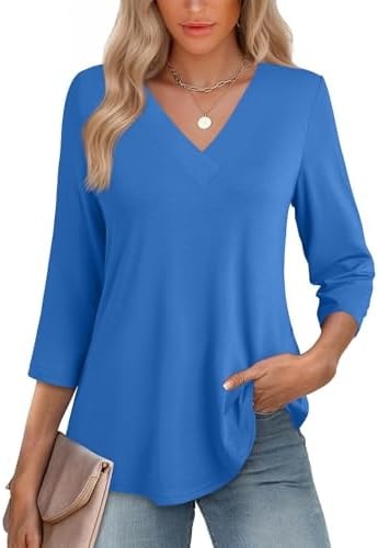 Womens 3/4 Length Sleeve Tops V Neck Flowy Curved Tunic Tops Fall Blue S