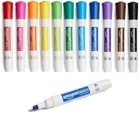 Amazon Basics Dry Erase Whiteboard Markers, Chisel Tip, Low-Odor, Assorted Colors, 12-Pack, Erase Easily