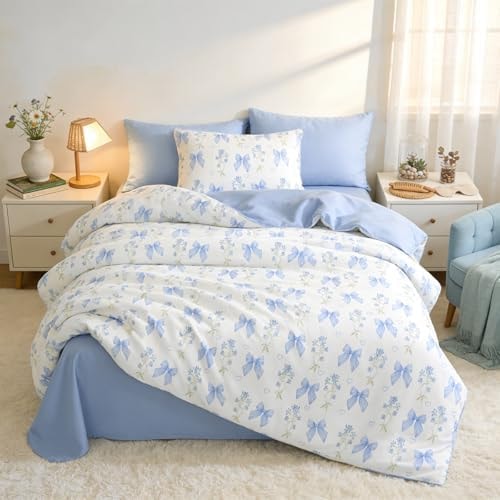 Jolusere Blue Bow Comforter Set Queen 100% Cotton Bedding Set for Girls, Cute Bowknot Floral Design, 1 Soft Breathable Cotton Comforter Sets with 2 Pillowcases