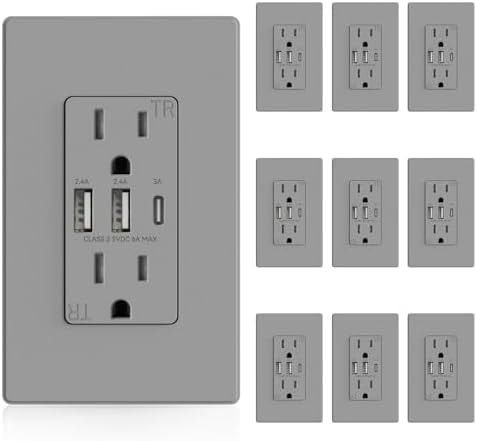 ELEGRP USB Outlets Receptacles, 3-Port Wall Outlet, 30W 6.0A Electrical Outlet, 15 Amp Tamper-Resistant Outlet with Type C Ports, UL Listed, Wall Plate Included, 10 Pack, Matte Gray