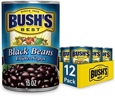 BUSH'S BEST 15 oz Canned Black Beans, Source of Plant Based Protein and Fiber, Low Fat, Gluten Free, (Pack of 12)